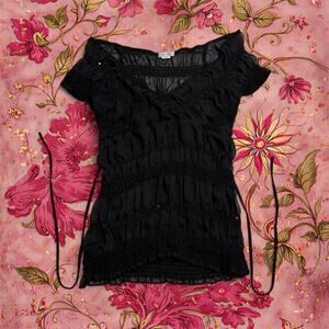 Black mesh top ruffles sequins and tie back detail women’s size large vintage